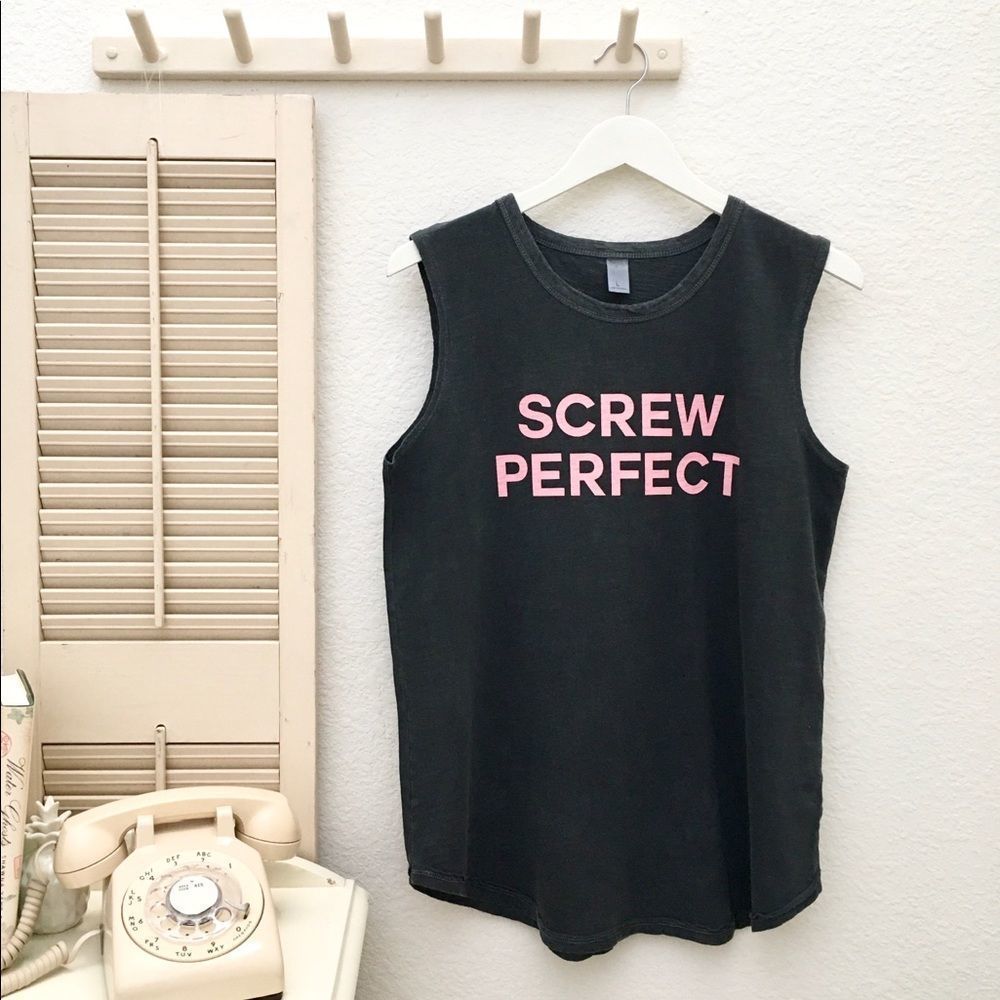 Graphic Sleeveless Muscle Tee, “Screw Perf…